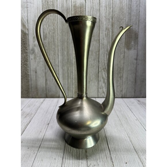 Vintage Norwegian Hagness Pewter Pitcher Folk Art Embossed Design #214 10'' Tall - Picture 1 of 8